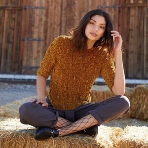 LOST + WANDER Golden Child Chenille Pom Sweater Sz M/L NWT {L7}